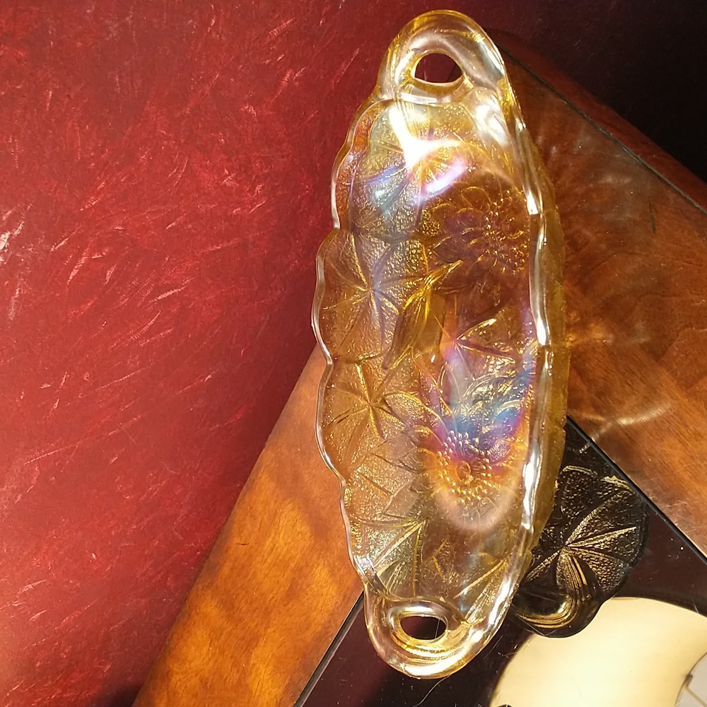 VTG Indiana Iridescent Marigold Carnival Glass Oval Candy Dish